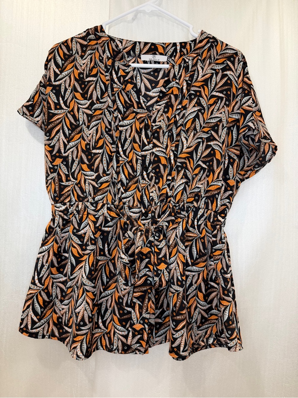 Julyclo Autumn Leaf Print Short Sleeve Cinch-Waist Blouse